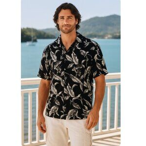 Cubavera Men's Black & White Tropical Leaf Print Hawaiian Shirt